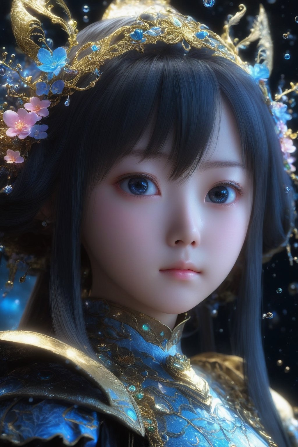 masterpiece, extremely best quality,  official art,  cg 8k wallpaper,  (Fantasy Style:1.1), (face focus,  cute,  masterpiece,  best quality,  1girl,  black background,  solo,  standing,  pixiv:1), 3d,  looking up,  light particle,  highly detailed,  best lighting,  pixiv,  depth of field,  (beautiful face),  fine water surface,  incredibly detailed,  (an extremely  beautiful),  (best quality),yua_mikami,Renaissance Sci-Fi Fantasy,bl3uprint,ksaqua,Enhanced Reality