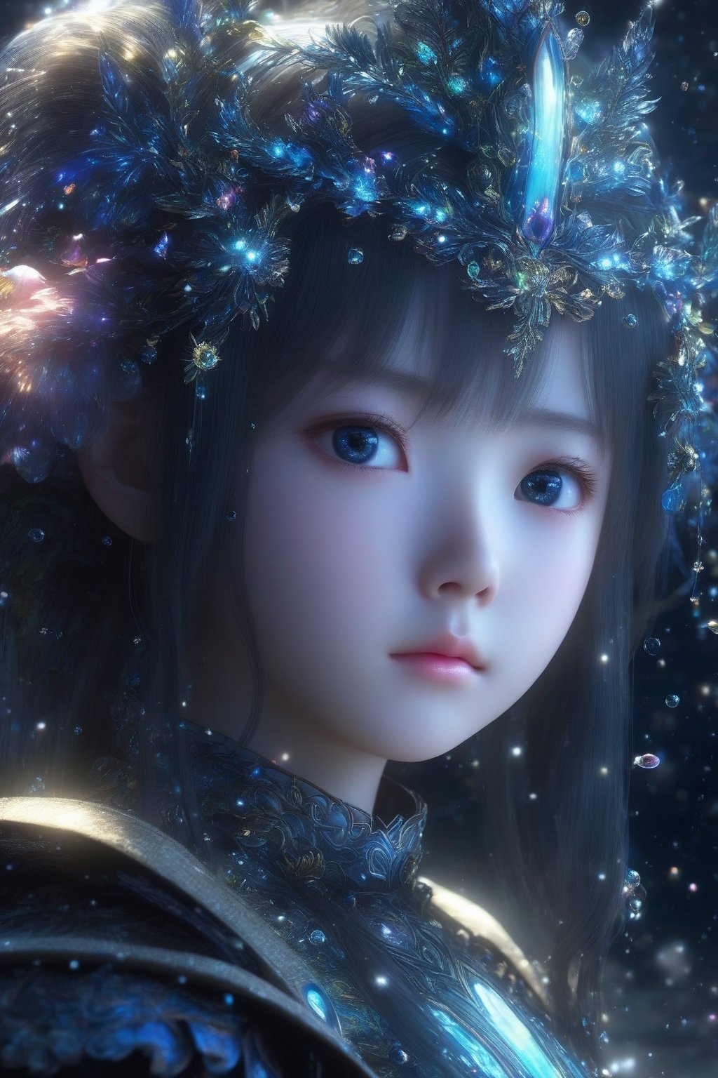 masterpiece, extremely best quality,  official art,  cg 8k wallpaper,  (Fantasy Style:1.1), (face focus,  cute,  masterpiece,  best quality,  1girl,  black background,  solo,  standing,  pixiv:1), 3d,  looking up,  light particle,  highly detailed,  best lighting,  pixiv,  depth of field,  (beautiful face),  fine water surface,  incredibly detailed,  (an extremely  beautiful),  (best quality),yua_mikami,Renaissance Sci-Fi Fantasy,bl3uprint