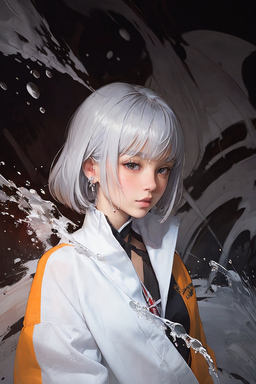 (masterpiece, top quality, best quality, official art, beautiful and aesthetic:1.2), (1girl:1.2), cute, extreme detailed,(abstract:1.4, fractal art:1.3),(silver_hair:1.1), fate \(series\), colorful,highest detailed, fire, ice, lightning, (splash_art:1.2), jewelry:1.4, hanfu, ,  scenery, ink,ASU1,horror