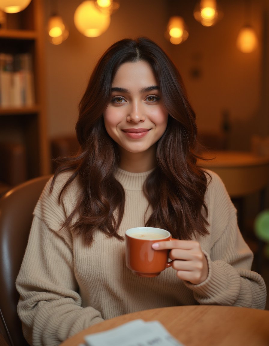 A charming portrait of SH4RV4RI, an 18-year-old Indian woman, sitting in a cozy cafe.

Subject: SH4RV4RI is seated comfortably on a stylish chair, holding a coffee cup in one hand and looking straight at the camera. Her expression is warm and inviting, with a gentle smile playing on her lips. Her long, flowing brown hair cascades over her shoulders, framing her youthful face. Her fair skin has a natural, healthy glow enhanced by the warm lighting of the cafe.

Background: The cafe setting is warm and inviting, with soft, out-of-focus elements that suggest a cozy atmosphere. Wooden tables, bookshelves, and warm-toned decor create a comfortable ambiance without distracting from the subject.

Foreground: SH4RV4RI's hands are visible, gracefully holding a ceramic coffee cup. The table in front of her is partially visible, perhaps with a book or a small plant to add depth to the scene.,