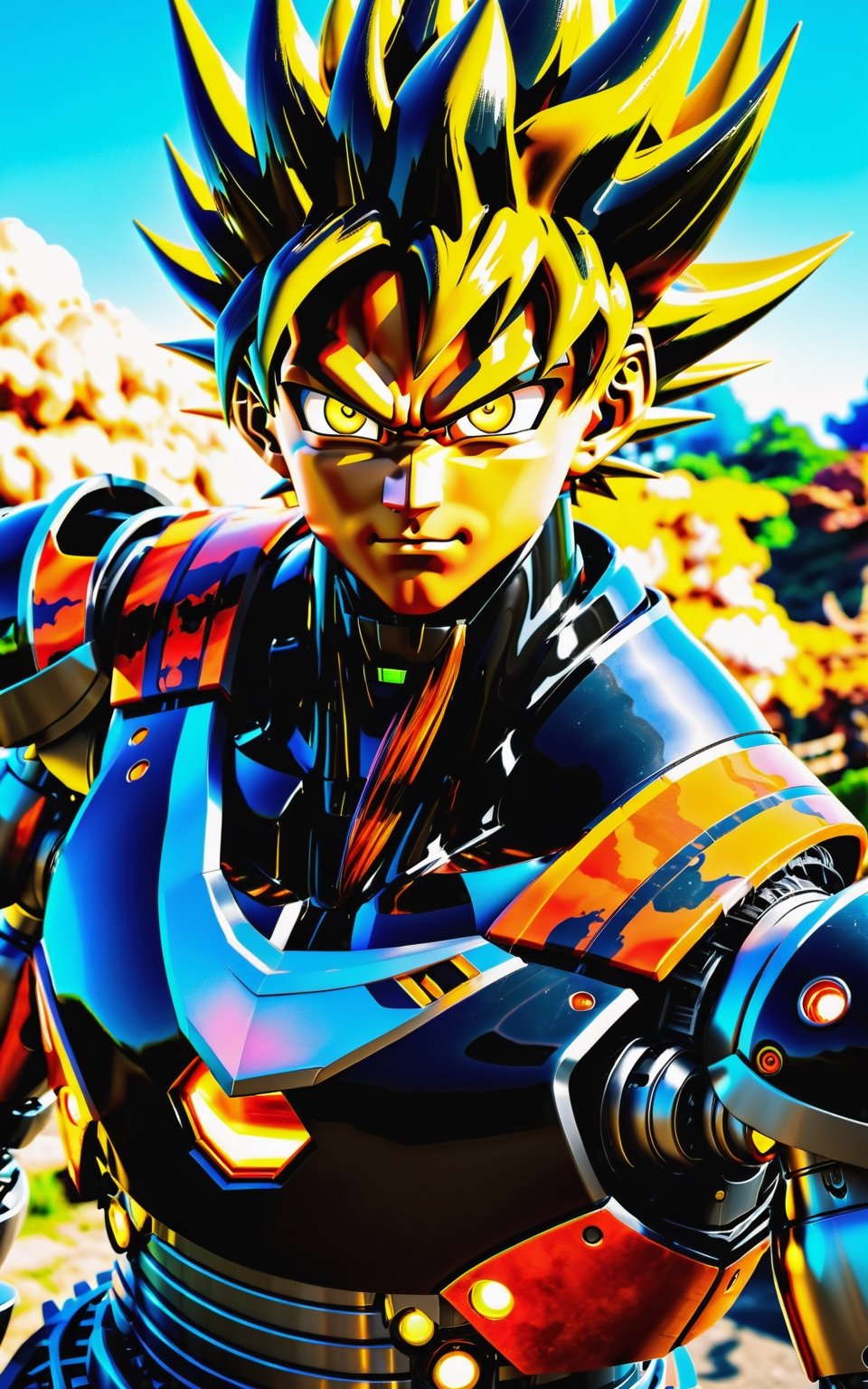 make GOKU robot (animatronics), black, horror, fear, electronic, eyes facing the viewer, upper front, detailed yellow hair Saiyan, (realistic) strong, man, super power, shenlong dragon, wide angle, realistic daylight , real 8k rendering, real plus wallpaper, top plus detail