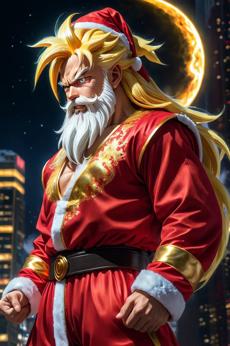 (Ultra detailed Goku wearing Santa Claus uniform), long white beard, yellow hair, Super Saiyan Goku.
  power, people, look.  Intricately detailed, multicolored paint flow, cinematic lighting, maximalist photo-illustration, concept art at 8k resolution, intricately detailed realism, night, blood moon, buildings, reflections, santa_dress