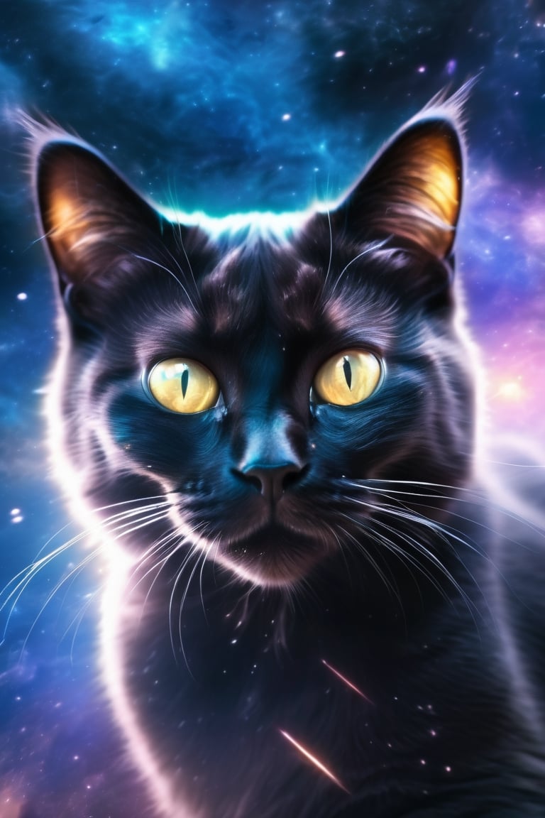 Interstellar nebula, beautiful head of a black cat covered by nebula, blurred colors, realistic, 4k.,realcat,composed of elements of thunder锛宼hunder锛宔lectricity