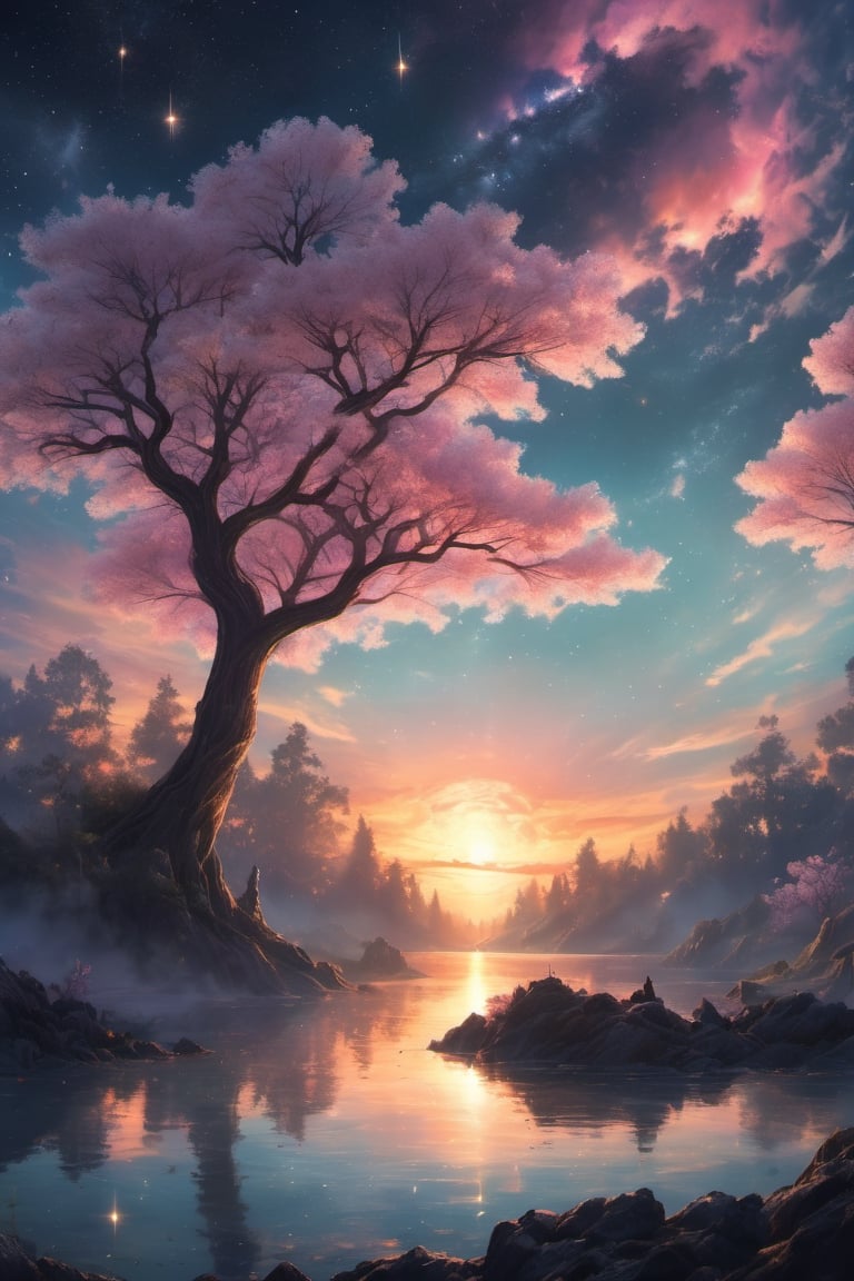 A wide angle visualization of a mystical scene of a sunset, showing a starry night filled with clouds, there is a reflection of a sakura tree in the sea in the center, illuminated by fireflies, an epic moment of quiet contemplation and understanding the meaning of your journey. highly detailed, uhd anime wallpaper, digital animation, epic, beautifully pictorial,painted world