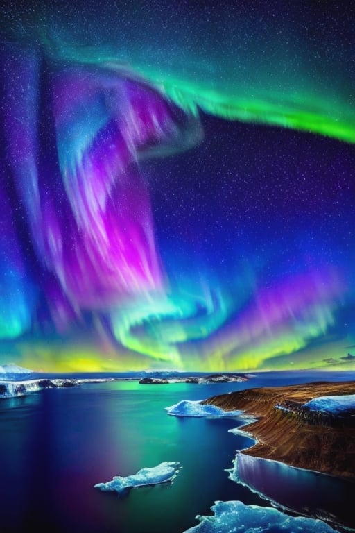 photorealism of the sky, many stars, the northern lights, icebergs, ultra real, bright colors, 8k resolution.