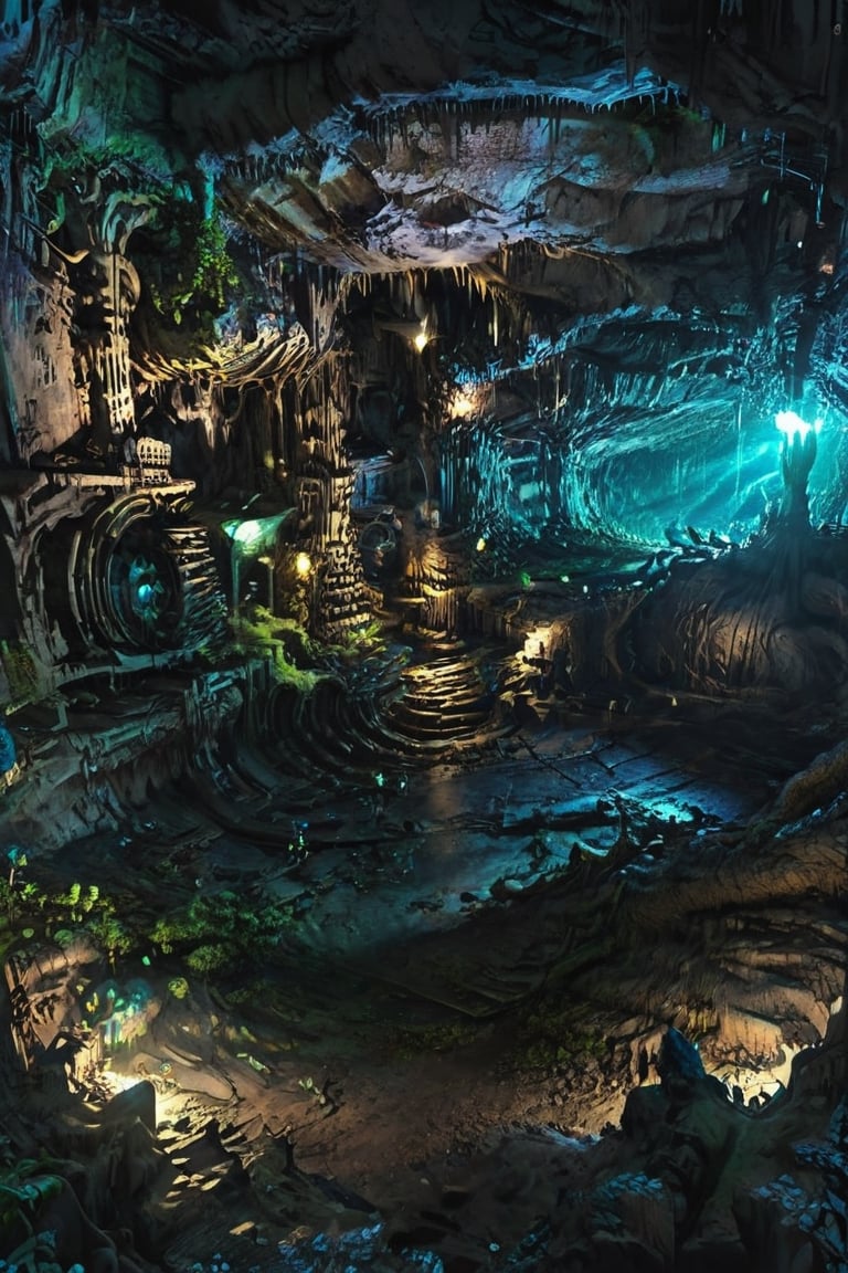 yggdrasil growing in a dark forest where gears and electronic parts grow on the trees , cyberpunk landscape wallpaper, d&d art, fantasy, painted, 4k, high detail, sharp focus,Epic Caves