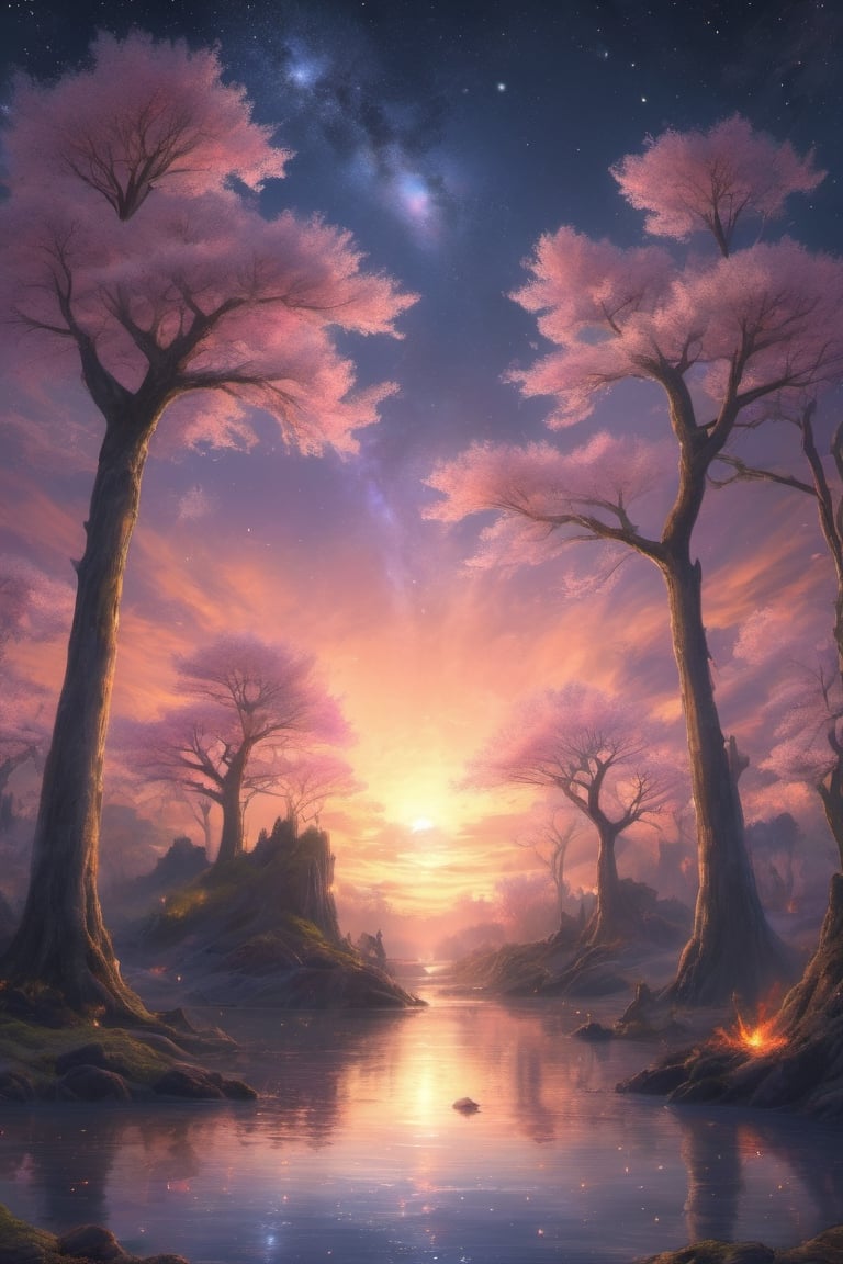 A wide angle visualization of a mystical scene of a sunset, showing a starry night filled with clouds, there is a reflection of a sakura tree in the sea in the center, illuminated by fireflies, an epic moment of quiet contemplation and understanding the meaning of your journey. highly detailed, uhd anime wallpaper, digital animation, epic, beautifully pictorial,painted world