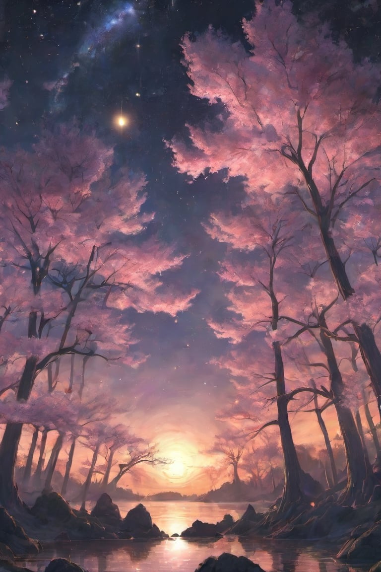 A wide angle visualization of a mystical scene of a sunset, showing a starry night filled with clouds, there is a reflection of a sakura tree in the sea in the center, illuminated by fireflies, an epic moment of quiet contemplation and understanding the meaning of your journey. highly detailed, uhd anime wallpaper, digital animation, epic, beautifully pictorial,