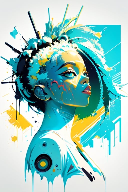 Futuristic paint splatter,girl face,front view,very beautiful,dreamy,Basquiat inspired look,creamy white,sky blue,green colors,design,high end designer look,vector,high resolution,8k,Illustration