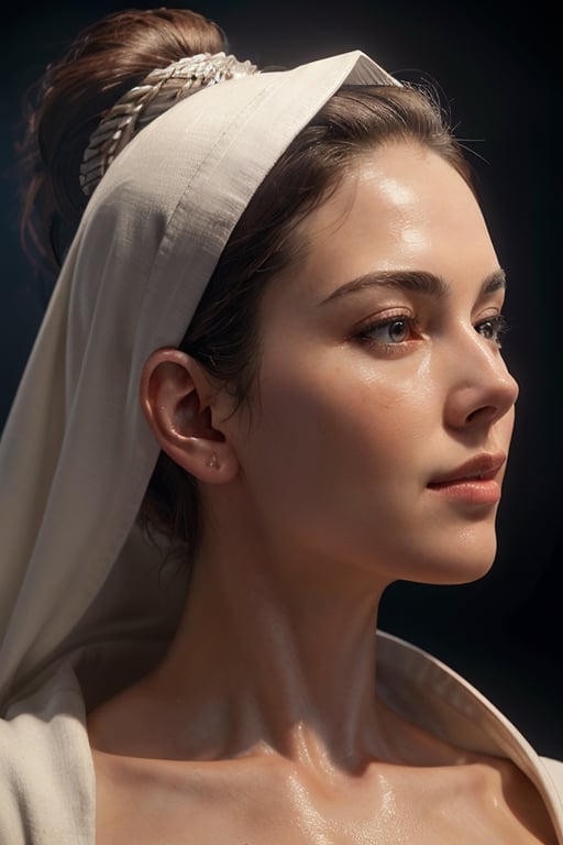 Ultra detailed, focused, intricate and symmetrical of a beautiful Isis covered profile portrait of a woman in a white robe, beautiful soft studio lighting, edge lighting, vibrant details, luxurious mischief, hyper-realistic, anatomical facial muscles. Blade Runner atmosphere, elegant, octane rendering, Caravaggio style photos, 8k.