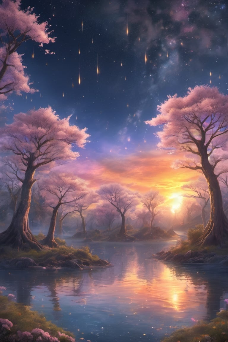 A wide angle visualization of a mystical scene of a sunset, showing a starry night filled with clouds, there is a reflection of a sakura tree in the sea in the center, illuminated by fireflies, an epic moment of quiet contemplation and understanding the meaning of your journey. highly detailed, uhd anime wallpaper, digital animation, epic, beautifully pictorial,painted world