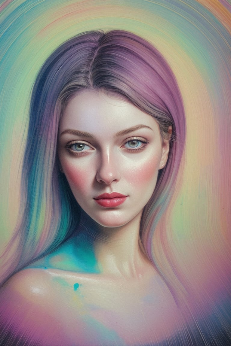 Beautiful woman portrait, oil paintings, pastel colors, surreal, soft pinstripes, composition, pure art, payment for digital vector art, messy and fun, visual contours, soft, art by an excellent painter, highlighting the beauty of the woman.