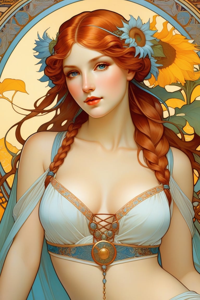 Realistic photo, thin body, detailed, Alphonse Mucha, thin female body, Leonardo da Vinci, redhead, her face with freckles, detailed porousness of the face, ultra-detailed, highlighting her beauty, braided hair, carrot color, thin open shirt, shows through her breasts, sensual neckline, pale blue eyes, smoky makeup, shorts, long legs, top view, sensual, very attractive, with a naive touch, Alphonse Mucha, floral background, with many sunflowers, very strong colors that highlight the female figure, something heavenly and magical, voltage, contrasts, perfect lighting, photorealistic. .