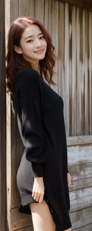 Generate hyper realistic image of a woman with long, red hair, standing against a rustic wall. She wears a black sweater dress, lifting it slightly to reveal a blush on her tanned skin. With a subtle smile, she gazes directly at the viewer, her long hair cascading down. The scene exudes simplicity and authenticity, capturing the raw beauty of the moment.,kyj,hirose,epiC35mm