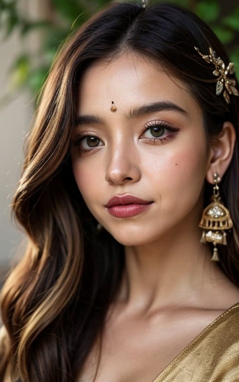 A close-up portrait of a beautiful Japan woman with a serene expression. She has deep brown eyes that reflect warmth and wisdom. Her long, dark hair is adorned with delicate jasmine flowers, falling in loose waves around her face. She is wearing a traditional silk saree in a rich maroon color with intricate golden embroidery. Her jewelry includes a pair of delicate gold jhumka earrings and a small bindi on her forehead. The background is softly blurred, with hints of vibrant green foliage, giving a natural and harmonious feel to the image. The lighting is soft and natural, highlighting her flawless skin and the intricate details of her attire.,nami,hirose,yui,ccy,LMT,sydn9y