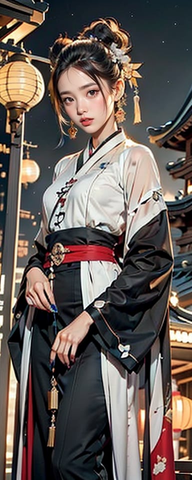 1girl, 23yo Taiwanese beauty, solo, cool, looking at viewer, brunette, hair accessory, long sleeves, holding, blue eyes, jewelry, closed mouth, standing, cowboy shot, earrings, outdoor, sky, clouds, from below, nail polish, red lips, belt, night, glow, chain, forehead mark, Hanfu, tassels, red nails, smoke, lantern, white python, magic, East Asian architecture, high bun, pagoda