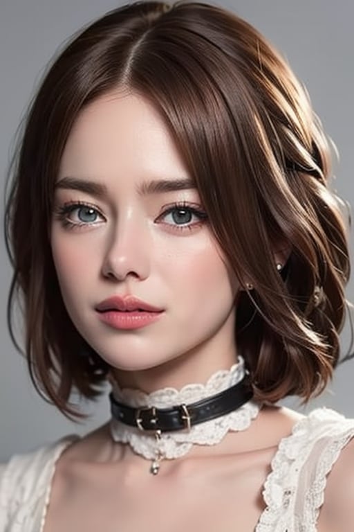 1girl
solo
brown hair
closed mouth
grey background
collar
lips
realistic ,beauty,masterpiece,best quality,1girl,emst 