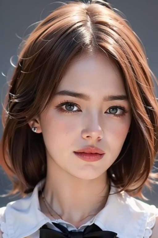 1girl
solo
brown hair
closed mouth
grey background
collar
lips
realistic ,beauty,masterpiece,best quality,1girl,emst 