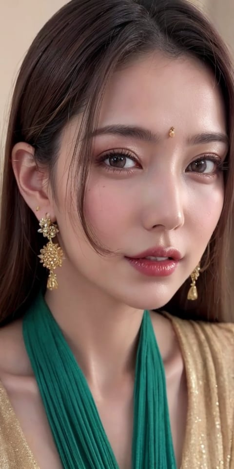 A close-up portrait of a beautiful Japan woman with a serene expression. She has deep brown eyes that reflect warmth and wisdom. Her long, dark hair is adorned with delicate jasmine flowers, falling in loose waves around her face. She is wearing a traditional silk saree in a rich maroon color with intricate golden embroidery. Her jewelry includes a pair of delicate gold jhumka earrings and a small bindi on her forehead. The background is softly blurred, with hints of vibrant green foliage, giving a natural and harmonious feel to the image. The lighting is soft and natural, highlighting her flawless skin and the intricate details of her attire.,nami,hirose,yui 