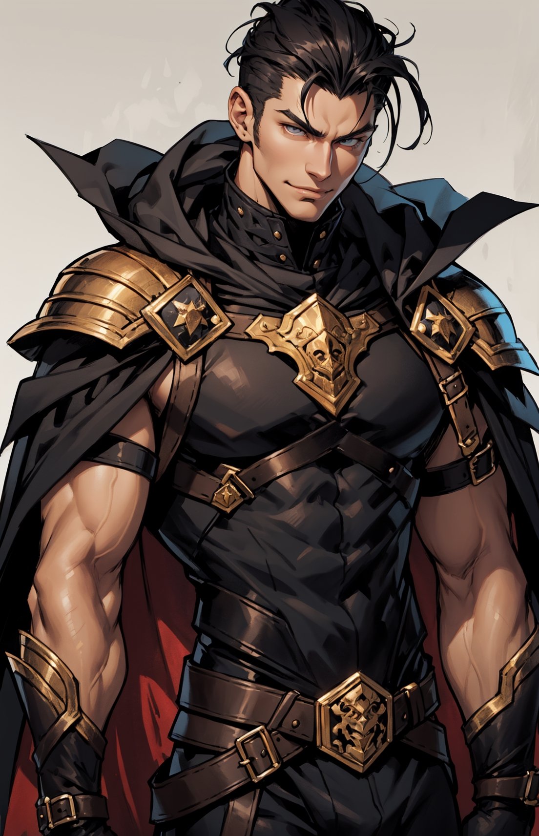 1man, handsome, ikemen, male lead, black hair, slicked back hair, beautiful, (black breastplate), (black cloak), brown eyes, (tan skin), (perfect face), (detailed eyes), strong jaw, vibrant eyes, smirk, villain, masculine, slender, pretty boy, webcomic, manhwa, big bulge