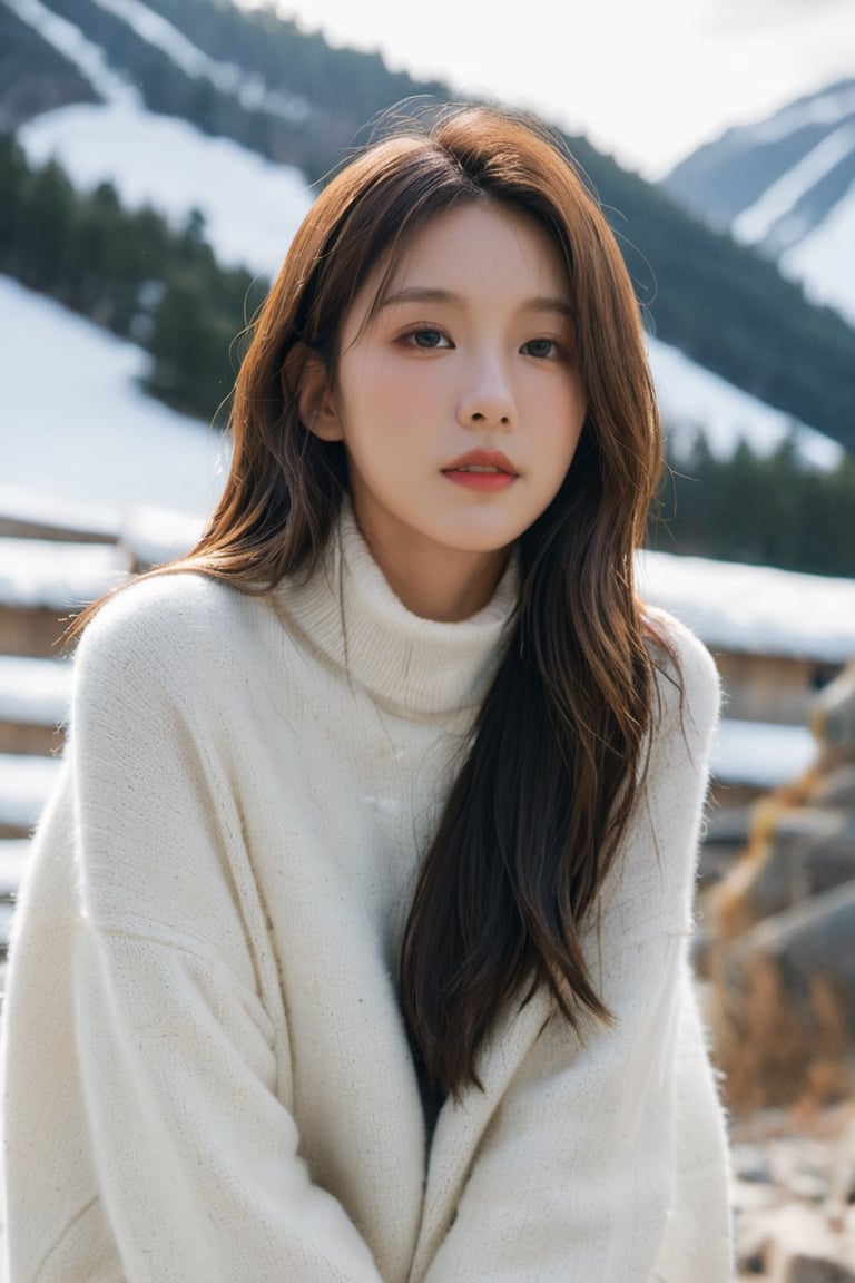 xxmixgirl, 1girl, busty slender Korean girl K-pop idol, long hair, instagram model, 50mm, photography, real life, cute face, outdoor, snowy mountains background