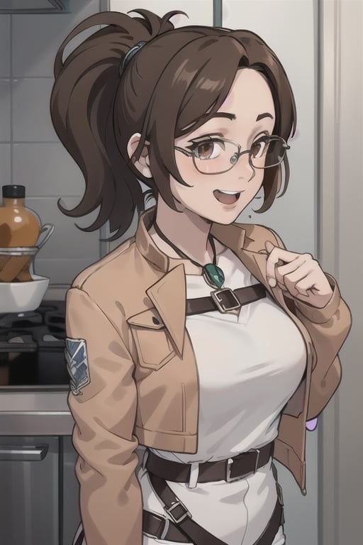 masterpiece,  best quality,  Juliahange,  happy,  1girl,  brown eyes,  chestnut hair,  ponytail,  short hair,  hair pulled back, Cinnamon jacket, top white, glasses, photorealistic,Juliahange,toriel