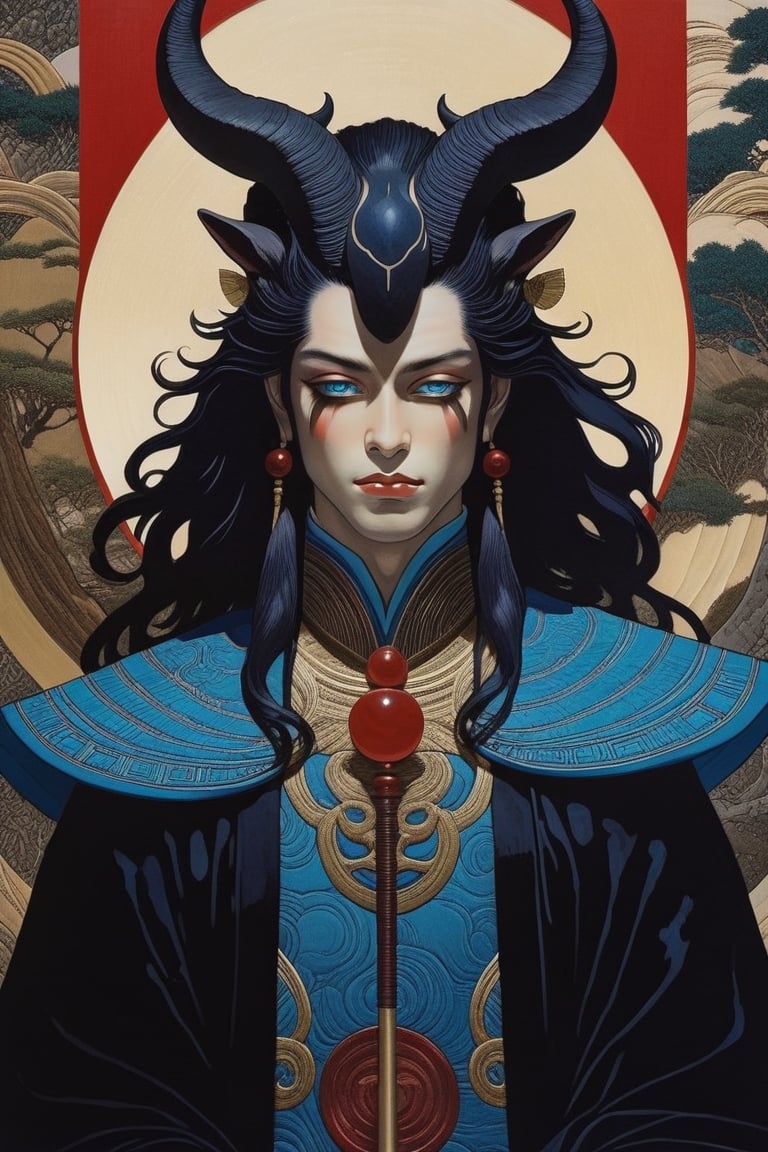 gorgeous dark male prince, flowing long black hair, Fantasy forest, Ancient Egyptian, Ukiyo-e, by Takato Yamamoto, Cinematic, colorful palette, 8k, best quality, masterpiece, aesthetic portrait, ukiyoe ,monster, photo r3al, the devil prince, devil_horns, dark_skin, extreme long hair, light_blue_eyes, aqua_eyes, full body shot