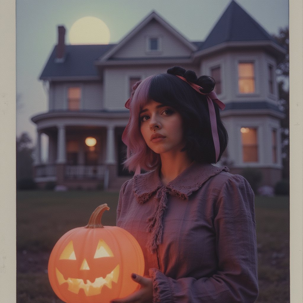 Cinematic scene, high quality, ultra realistic, a polaroid picture of a woman with dyed split hair black and purple, black eyes, brown eyes, she's in front of a haunted house holding a hallowen pumpkin lantern, beautiful, pastel tones, high detailed