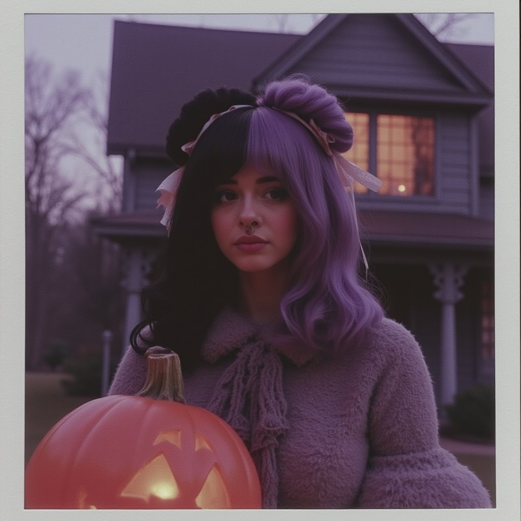 Cinematic scene, high quality, ultra realistic, a polaroid picture of a woman with dyed split hair black and purple, black eyes, brown eyes, she's in front of a haunted house with a hallowen pumpkin lantern, beautiful, pastel tones, high detailed