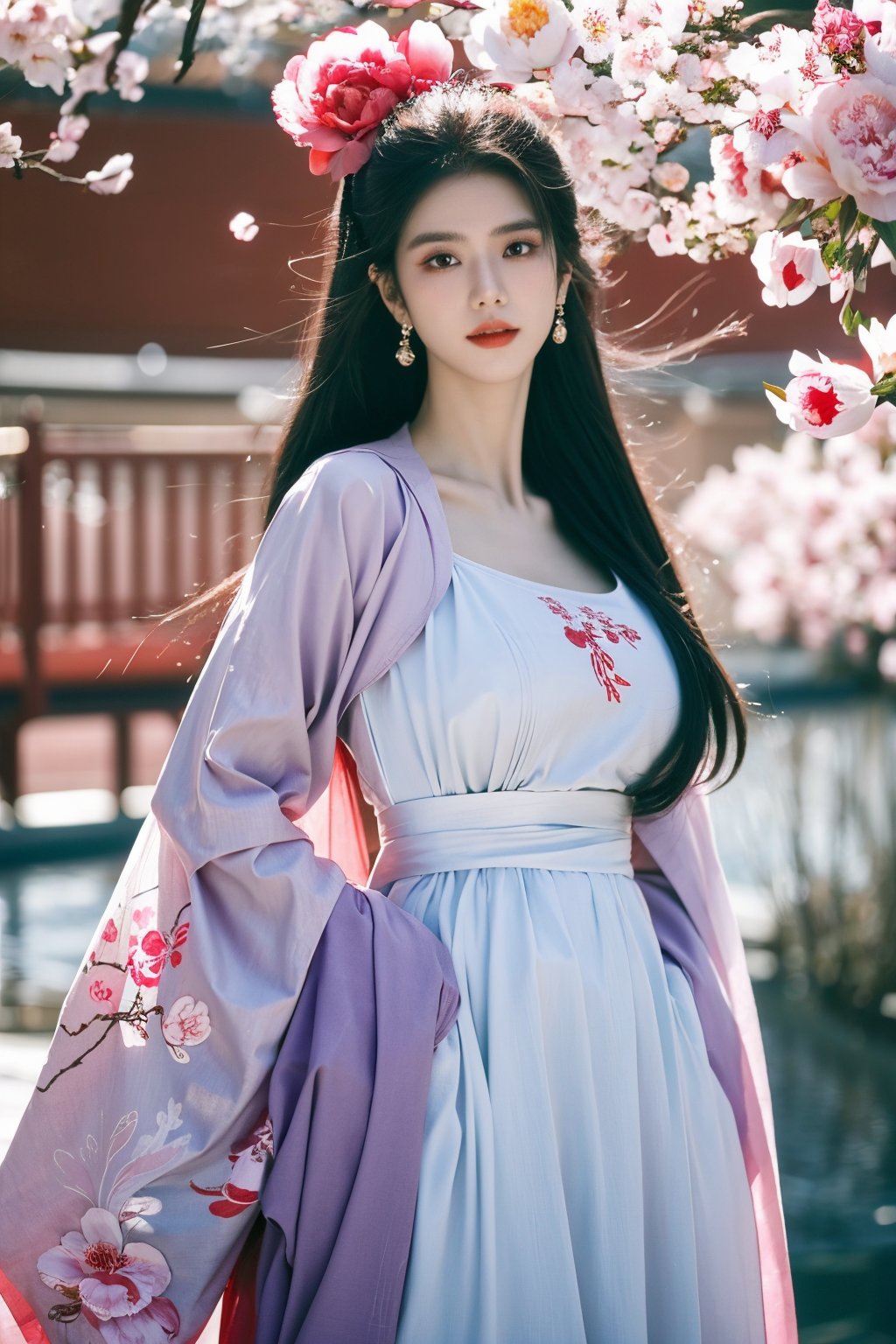 Masterpiece, Best Quality,young and beautiful Chinese girl wearing a cheongsam with coiled hair,wearing vintage Chinese earrings, (big breasts:1.43),1girl, half, (Masterpiece:1.2), best quality,arien_hanfu, 1girl, (spring scene:1.59), (light purple hanfu dress:1.23),looking_at_viewer, , (big breasts:1.69),Young beauty spirit,(The background is the Forbidden City1.39),Xyunxiao,(Large aperture, blurred background, spring scene, peony flowers:1.39)