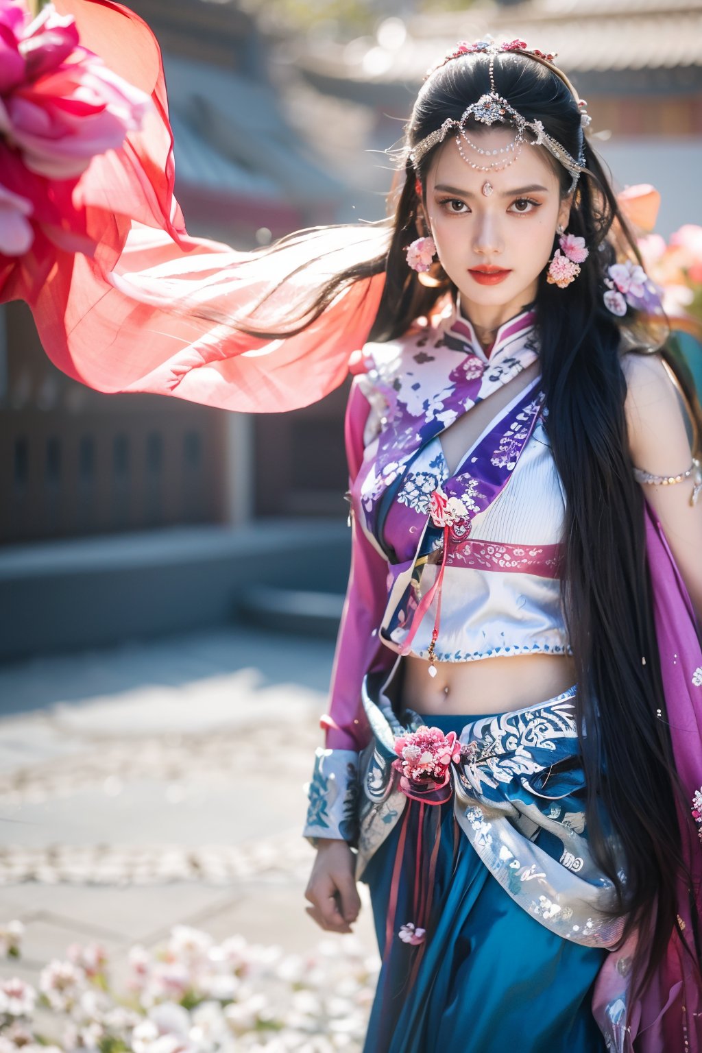 Masterpiece, Best Quality,young and beautiful Chinese girl wearing a cheongsam with coiled hair,wearing vintage Chinese earrings, (big breasts:1.43),1girl, half, (Masterpiece:1.2), best quality,arien_hanfu, 1girl, (spring scene:1.59), (light purple hanfu dress:1.23),looking_at_viewer, , (big breasts:1.69),Young beauty spirit,(The background is the Forbidden City1.39),Xyunxiao,(Large aperture, blurred background, spring scene, peony flowers:1.39)