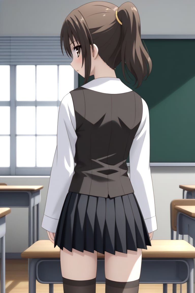 Highly detailed, High Quality, masterpiece, beautiful, source_anime, 1girl, solo, (feminine focus, young woman, 16 years old), Otome Katou, brown hair, brown eyes, medium hair, ponytail, ((tiny_breasts)), school uniform, ((shirt, shirt sleeves:1.5)), long sleeves, white sleeves, (black vest, vest), pleated skirt, ((black skirt, waist-length skirt:1.2)), thighhighs, black thighhighs, zettai ryouiki, cowboy_shot, (back view, looking_back, from_behind), classroom, pizzaron, Windows, 