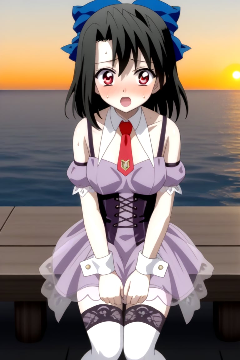 Highly detailed, High Quality, masterpiece, beautiful, source_anime, 1girl, solo, (young woman), (16 old), Setsuna Kiyoura, black hair, red eyes, short_hair, hair bow, blue bow, tiny breasts, surprised face, excited, flushed cheeks, bright pupils, apricot eyes, ((Uniform Radish )), bare shoulders, necktie, red necktie, detached collar, corset, detached sleeve, thighhighs, dress, purple dress, (miniskirt, transparent skirt), wrist_cuff, on_knees, nervous, sweating, O-face, ocean, sunset, near pier, Front view, full_body,