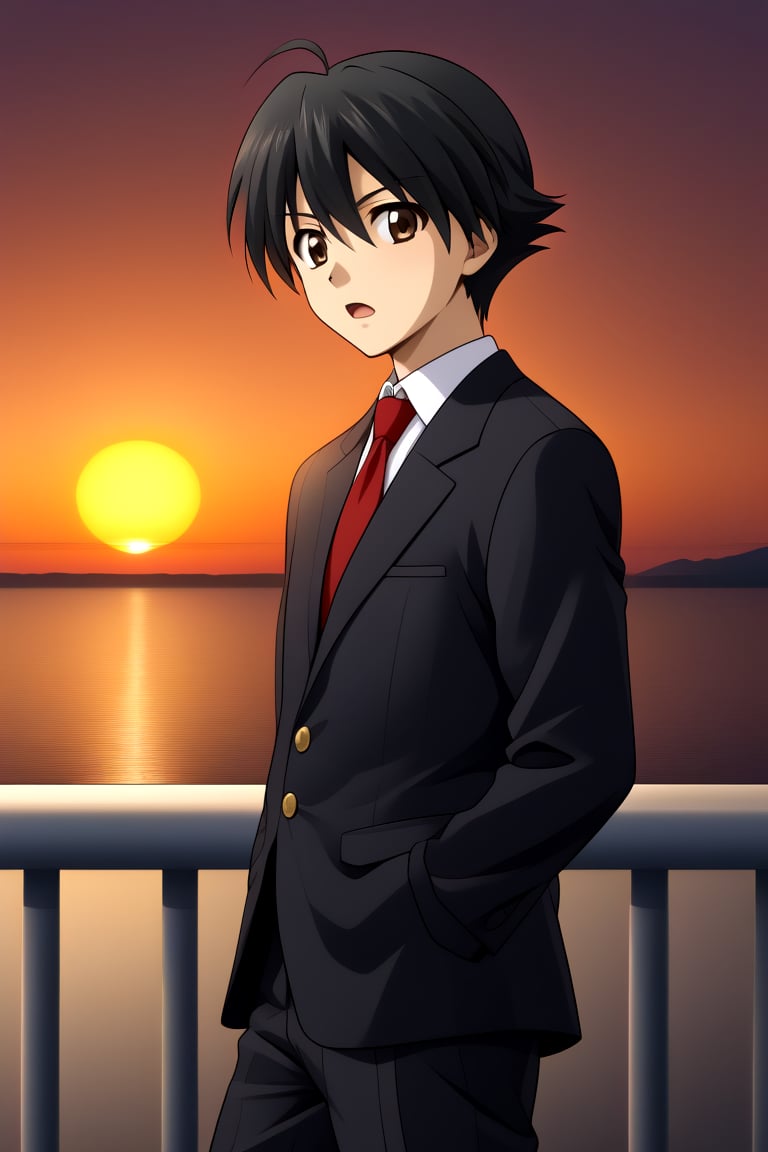 HD, 8k, highres, mantialiasing, Highly detailed, High Quality, masterpiece, beautiful, source_anime, 
BREAK 1boy, solo, male focus, 16 years old, itou makoto, black hair, brown eyes, short hair, Open mouth, confused look,
BREAK school uniform, shirt, pants, black jacket, red tie, black pants, 
BREAK train station, sunset, outside, 
BREAK looking_at_viewer, side view, standing, Upper body,
