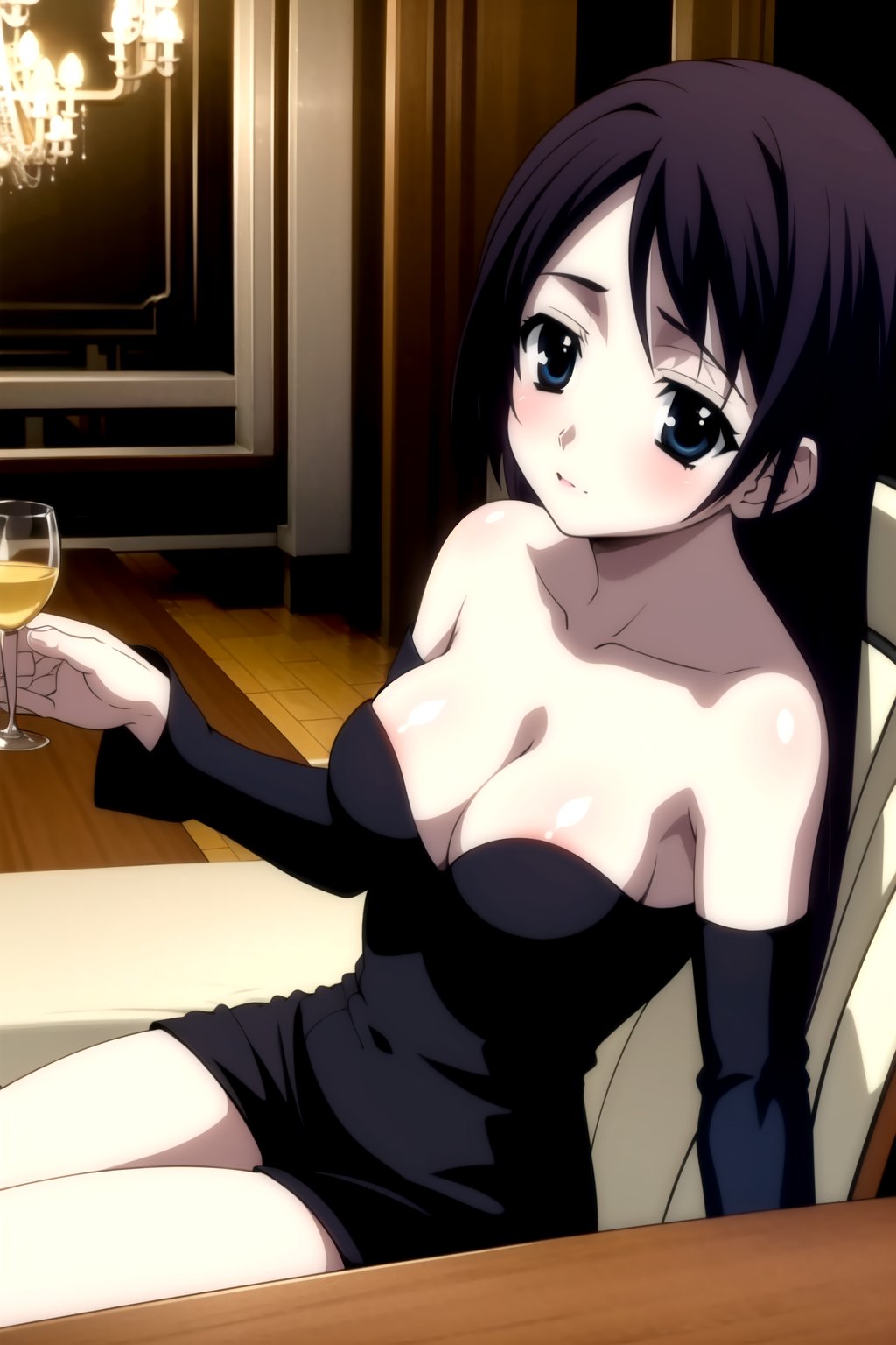 Highly detailed, High Quality, masterpiece, beautiful,
BREAK 1girl, solo, (young woman, 16 years old), roka kitsuregawa, (long hair), purple hair, blue eyes,
BREAK (bare shoulders, black dress, black sleeves, neckline), (medium breasts), 
BREAK (background of a luxurious restaurant, chandelier:1.5),
BREAK looking_at_viewer, sit, focus breasts, sitting in an elegant chair in front of a table with candles, 