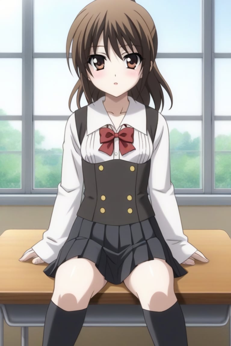 Highly detailed, High Quality, masterpiece, beautiful, source_anime, 1girl, solo, (feminine focus, young woman, 16 years old), Otome Katou, brown hair, brown eyes, medium hair, ponytail, ((tiny_breasts)), school uniform, ((shirt, shirt sleeves:1.5)), long sleeves, white sleeves, black vest, vest, pleated skirt, ((black skirt, waist-length skirt:1.2)), thighhighs, black thighhighs, zettai ryouiki, (sitting in table, front view, looking_at_viewer, Open legs), classroom, pizzaron, Windows, 