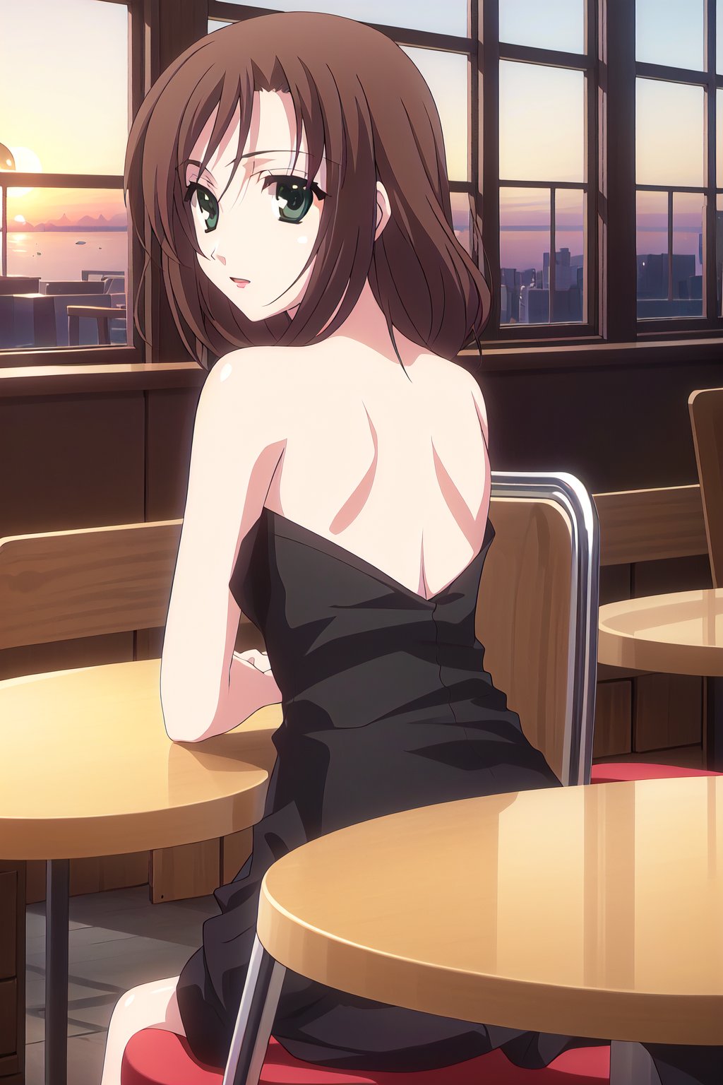 HD, 8k, highres, mantialiasing, Highly detailed, High Quality, masterpiece, beautiful, 1girl, solo, (feminine focus, madure woman, 32 years old), kumi mori, (brown hair, green eyes:1.5), medium hair,
BREAK ((black dress:1.5)), (long dress, side slit, strapless dress, bare shoulders, jewelry, long gloves, lipstick), 
BREAK indoors, ((restaurant, back windows showing a sunset, chair, tables, dark environment:1.5)),
BREAK looking back, sitting, from_behind, back_view, full_body, Focus ass,
BREAK (masterpiece:1.2), best quality, high resolution, unity 8k wallpaper, (illustration:0.8), (beautiful detailed eyes:1.6), extremely detailed face, perfect lighting, extremely detailed CG, (perfect hands, perfect anatomy), 