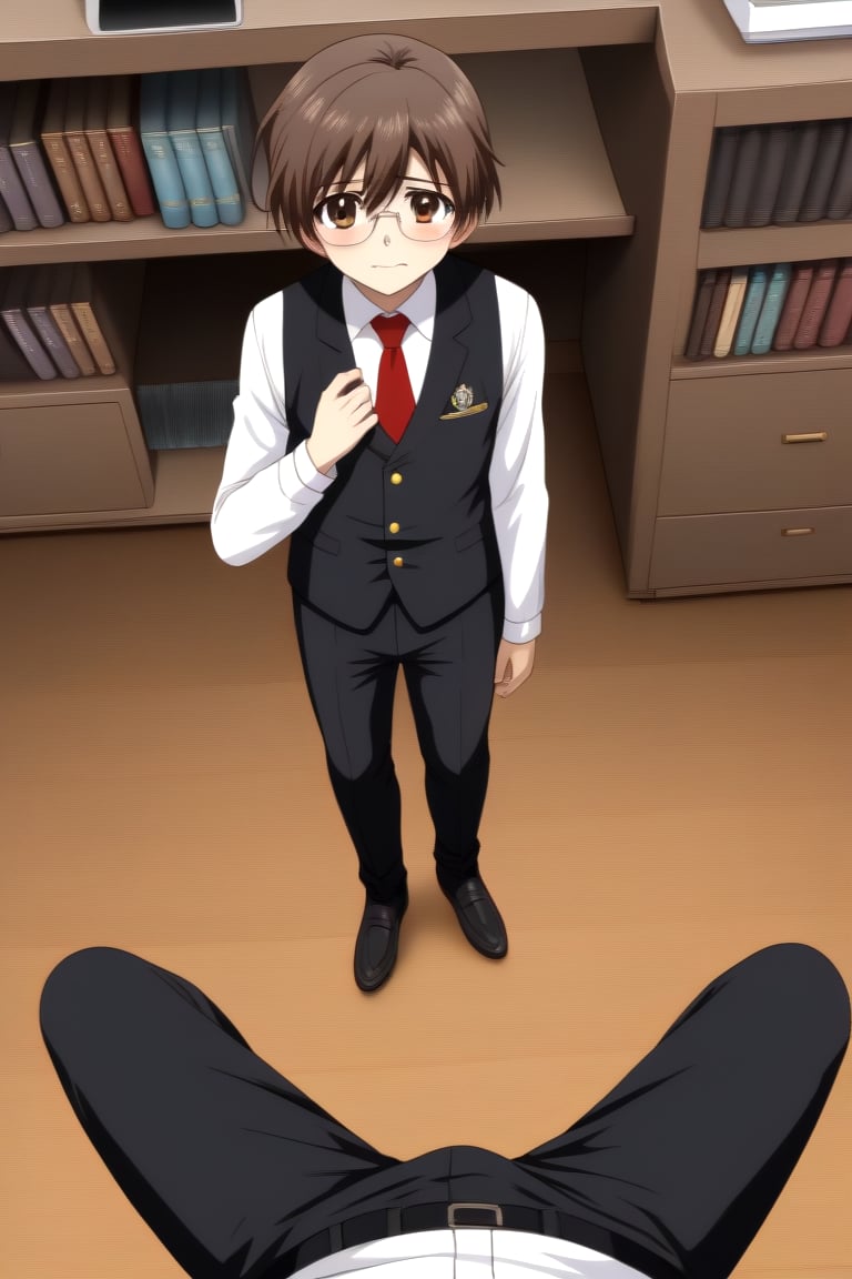 HD, 8k, highres, mantialiasing, Highly detailed, High Quality, masterpiece, beautiful, source_anime, 
BREAK 1boy, male focus, 16 years old, yuuki ashikaga, boy with brown hair, Brown eyes, short hair, uniform school, boy with black vest, red tie, black pants, nervous look, glasses,
BREAK inside bookshop, bookshelf, books lying on the floor, computers, desktop,
BREAK looking_at_viewer, front view, standing, pov,
