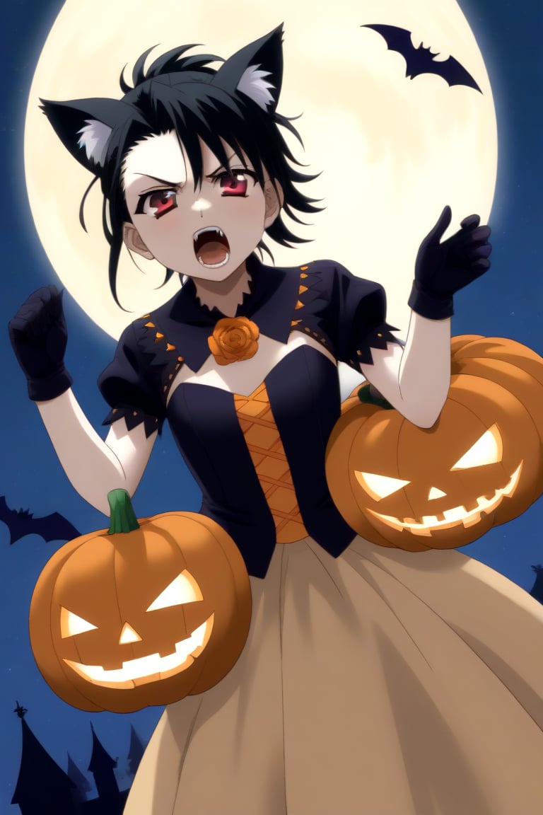 HD, 8k, highres, mantialiasing, Highly detailed, High Quality, masterpiece, beautiful, source_anime,
BREAK pumpkin patch, night, dark environment, moonlit sky, flying bats, halloween magic, starry night,  jack-o’-lanterns,
BREAK 1girl, solo, (madure woman, 30 years old), Mai Kiyoura, short hair, black hair, red eyes, flat chest,
BREAK werewolf, furry, fangs, animal ears, gloves, angry, teeth, animal ear fluff, open mouth, cowboy shot, dutch_angle