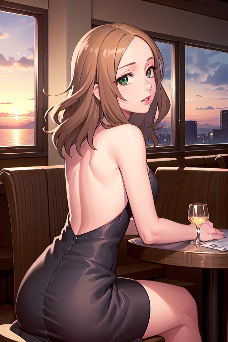 HD, 8k, highres, mantialiasing, Highly detailed, High Quality, masterpiece, beautiful, 1girl, solo, (feminine focus, madure woman, 32 years old), kumi mori, (brown hair, green eyes:1.5), medium hair,
BREAK ((black dress:1.5)), (long dress, side slit, strapless dress, bare shoulders, jewelry, long gloves, lipstick), 
BREAK indoors, ((restaurant, back windows showing a sunset, chair, tables, dark environment:1.5)),
BREAK looking back, sitting, from_behind, back_view, full_body, Focus ass,
BREAK (masterpiece:1.2), best quality, high resolution, unity 8k wallpaper, (illustration:0.8), (beautiful detailed eyes:1.6), extremely detailed face, perfect lighting, extremely detailed CG, (perfect hands, perfect anatomy), 