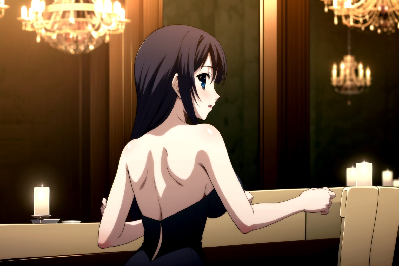 Highly detailed, High Quality, masterpiece, beautiful,
BREAK 1girl, solo, (young woman, 16 years old), roka kitsuregawa, (long hair), purple hair, blue eyes,
BREAK (bare shoulders, black dress, black sleeves), (medium breasts), 
BREAK (background of a luxurious restaurant, chandelier:1.5),
BREAK looking_back, solo focus, 