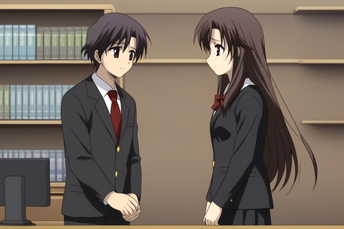 HD, 8k, highres, mantialiasing, Highly detailed, High Quality, masterpiece, beautiful, source_anime, 
BREAK 1boy, yuuki ashikaga, boy with brown hair, Brown eyes, short hair, nervous look, school uniform, shirt, pants, black jacket, red tie, black pants, 
BREAK inside bookshop, bookshelf, computers, desktop,
BREAK 1girl, kotonoha katsura, purple eyes, black hair, long hair, school uniform, 
BREAK side view, standing, Upper body, 
