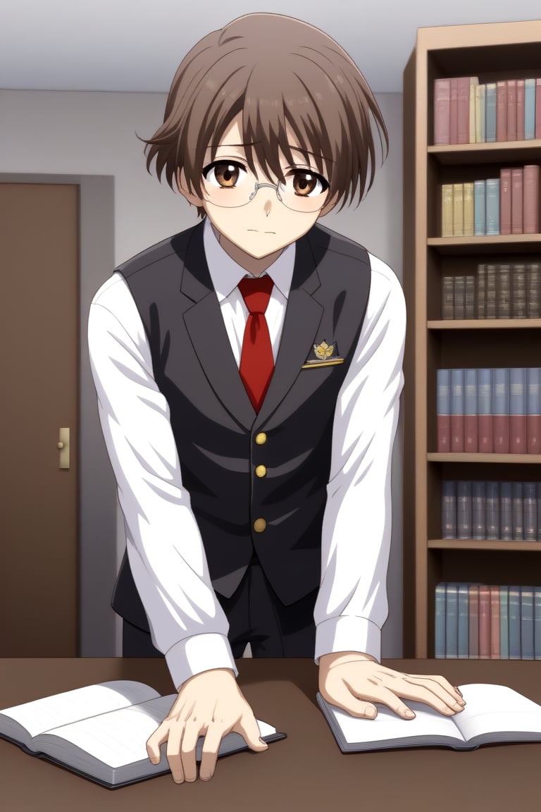 HD, 8k, highres, mantialiasing, Highly detailed, High Quality, masterpiece, beautiful, source_anime, 
BREAK 1boy, male focus, 16 years old, yuuki ashikaga, boy with brown hair, Brown eyes, short hair, uniform school, boy with black vest, red tie, black pants, nervous look, glasses,
BREAK inside bookshop, bookshelf, books lying on the floor, computers, desktop,
BREAK looking_at_viewer, front view, standing, 
