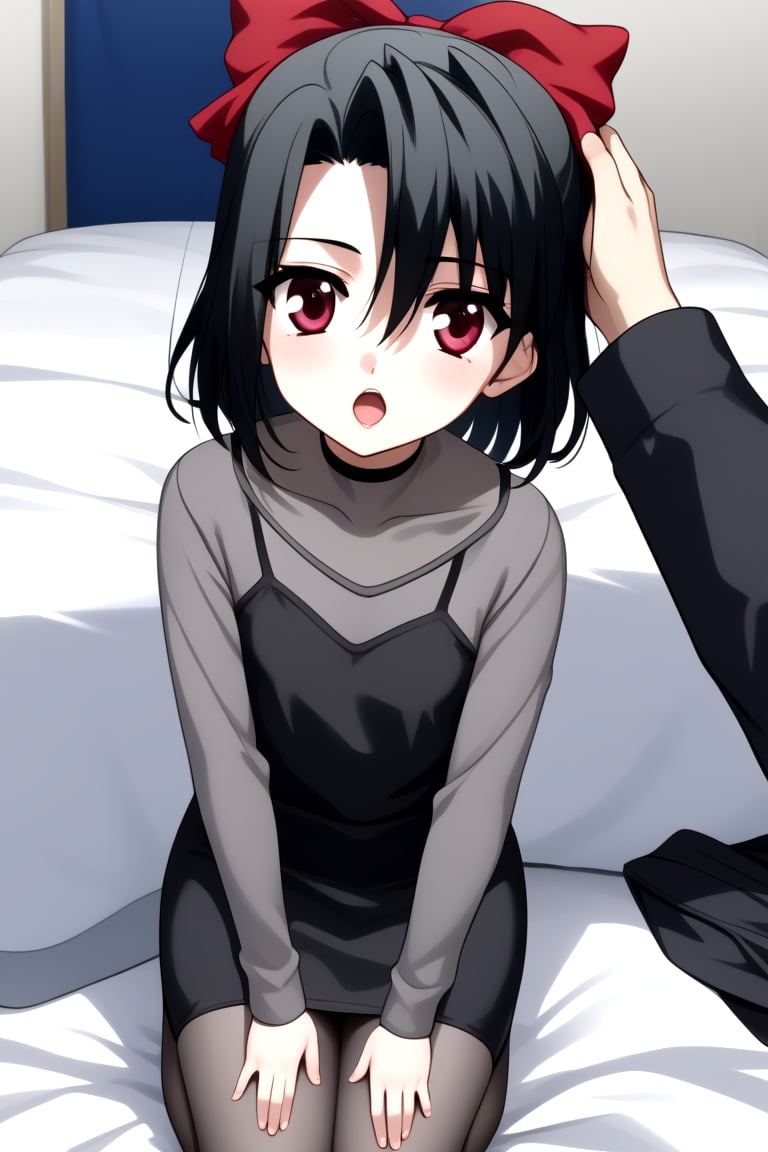 Highly detailed, High Quality, masterpiece, beautiful, 1girl, solo, (feminine focus, young woman, 16 years old), Setsuna Kiyoura, black hair, red eyes, hair bow, red bow, tiny breasts, short hair, :o, Open mouth, 
BREAK grey t-shirt, grey long sleeves, turtle neck, (dress),
BREAK bedroom,
BREAK looking_at_viewer, on_knees, from_front, focus up, back view, 1boy, penis, Blowjob, hands in head, full_body, 