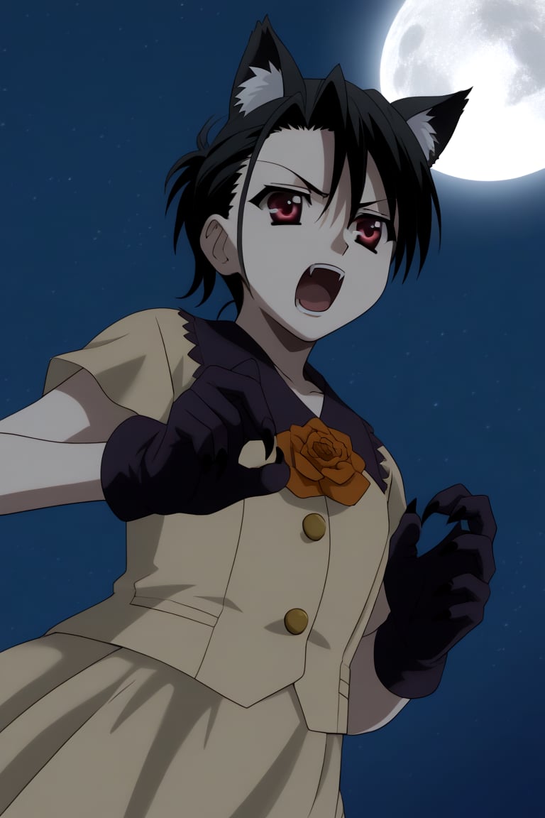 HD, 8k, highres, mantialiasing, Highly detailed, High Quality, masterpiece, beautiful, source_anime,
BREAK night, dark environment, moonlit sky, starry night, moon,
BREAK 1girl, solo, (madure woman, 30 years old), Mai Kiyoura, short hair, black hair, red eyes, flat chest, 
BREAK werewolf, furry, fangs, animal ears, gloves, angry, teeth, animal ear fluff, open mouth, cowboy shot, dutch_angle, exposed navel, gloves, gloves with claws,