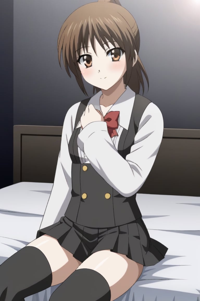 HD, 8k, highres, mantialiasing, Highly detailed, High Quality, masterpiece, beautiful, source_anime, 1girl, solo, (feminine focus, young woman, 16 years old), Otome Katou, brown hair, brown eyes, medium hair, ponytail, ((tiny_breasts)), school uniform, ((shirt, shirt sleeves:1.5)), (long sleeves, white sleeves), ((black vest, vest)), pleated skirt, ((black skirt, waist-length skirt:1.2)), thighhighs, black thighhighs, zettai ryouiki, (sitting in bed, front view, looking_at_viewer, Open legs),  ((dark environment)), curtains, room, bed, 