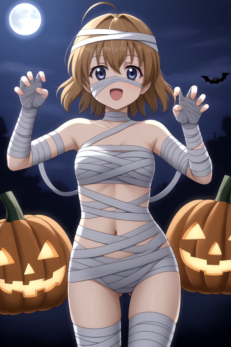 HD, 8k, highres, mantialiasing, Highly detailed, High Quality, masterpiece, beautiful, source_anime,
BREAK pumpkin patch, night, dark environment, moonlit sky, flying bats, halloween magic, starry night,  jack-o’-lanterns,
BREAK 1Girl, young woman, 16 years old, Sekai Saionji, brown hair, blue eyes, ahoge, short hair, 
BREAK mummy costume, bandages, halloween costume, bandaged arm, zombie pose, bandage on face,