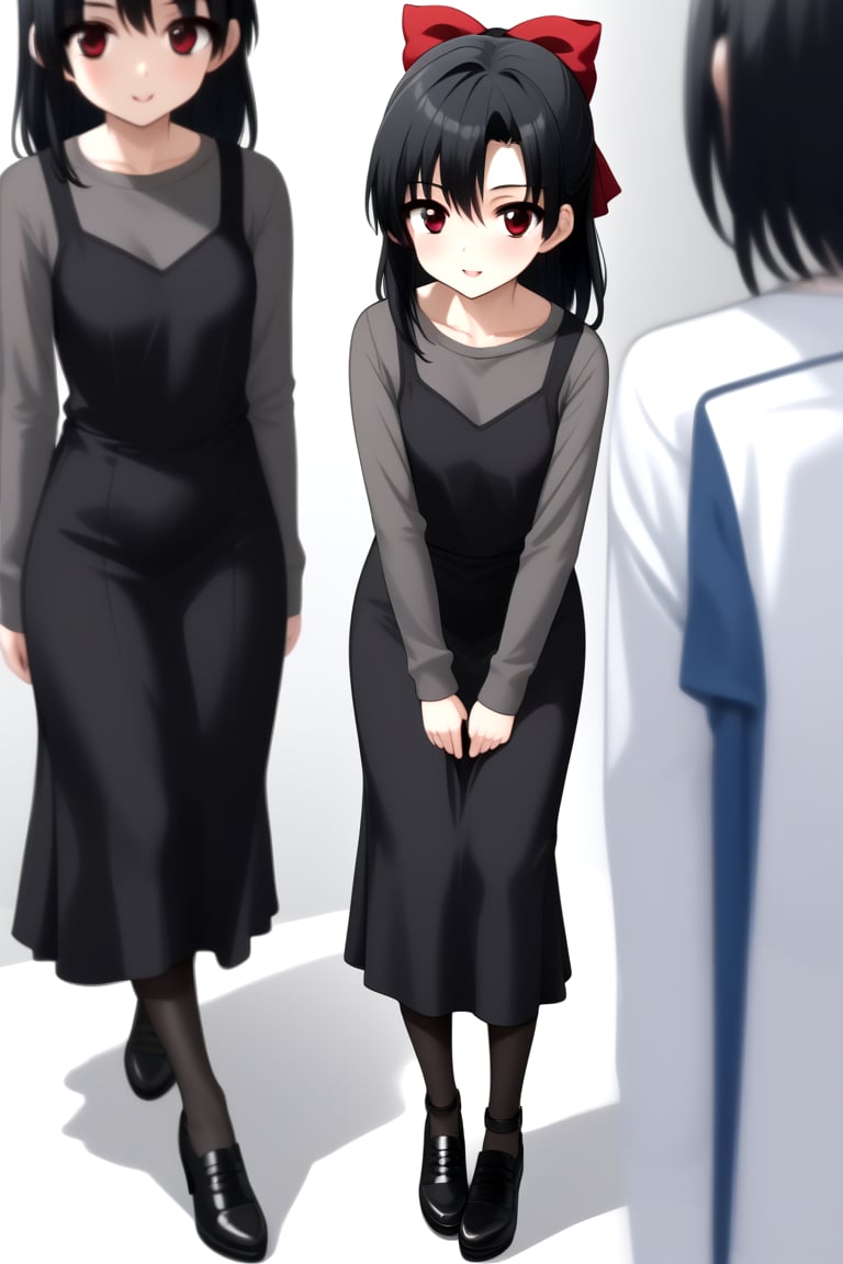 Highly detailed, High Quality, masterpiece, beautiful, 1girl, solo, (feminine focus, young woman, 16 years old), Setsuna Kiyoura, black hair, red eyes, hair bow, red bow, tiny breasts, BREAK grey t-shirt, grey long sleeves, turtle neck, ((black dress)), long dress, black stockings,
BREAK front view, standing, (Focus face), full_body, leaning_forward,