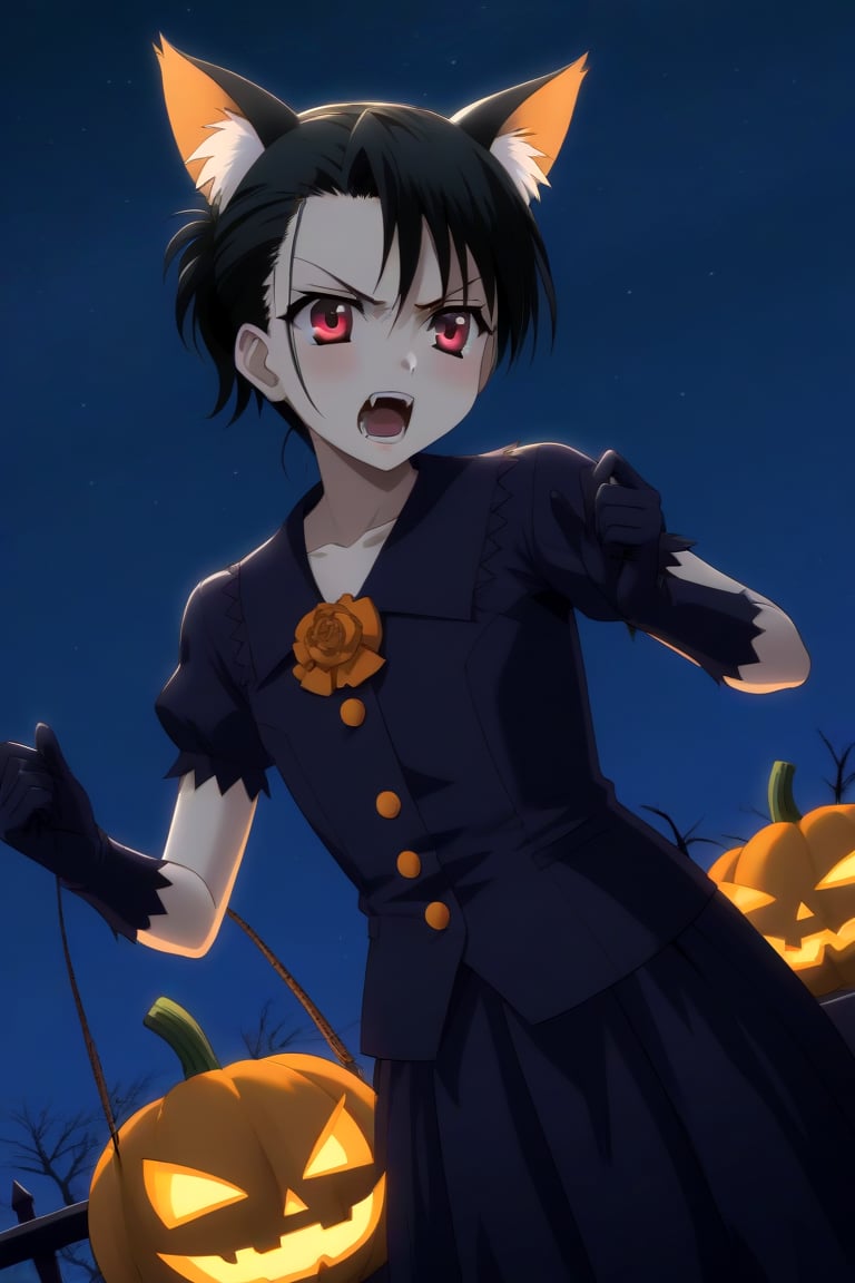 HD, 8k, highres, mantialiasing, Highly detailed, High Quality, masterpiece, beautiful, source_anime,
BREAK pumpkin patch, night, dark environment, moonlit sky, flying bats, halloween magic, starry night,  jack-o’-lanterns,
BREAK 1girl, solo, (madure woman, 30 years old), Mai Kiyoura, short hair, black hair, red eyes, flat chest,
BREAK werewolf, furry, fangs, animal ears, gloves, angry, teeth, animal ear fluff, open mouth, cowboy shot, dutch_angle