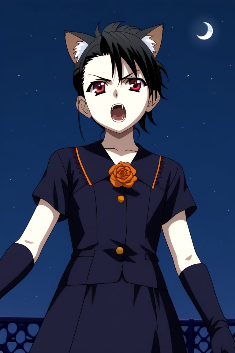 HD, 8k, highres, mantialiasing, Highly detailed, High Quality, masterpiece, beautiful, source_anime,
BREAK night, dark environment, moonlit sky, starry night, moon,
BREAK 1girl, solo, (madure woman, 30 years old), Mai Kiyoura, short hair, black hair, red eyes, flat chest,
BREAK werewolf, furry, fangs, animal ears, gloves, angry, teeth, animal ear fluff, open mouth, cowboy shot, dutch_angle